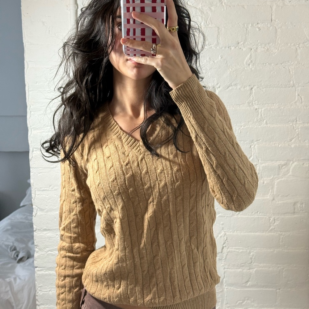 J. Crew Camel V-Neck Cable Knit Sweater